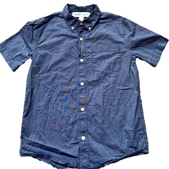 old Navy Denim/Linen-Look Short Sleeved Button Down Boy’s 10/12 Summer Shirt - Picture 1 of 4